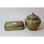 Betel nut & brass box with hinged cover and engraved decoration and a brass pot and cover (at fault)