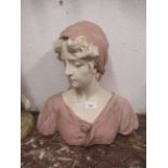 Painted terracotta head and shoulder bust of a young lady, signed H. Laurens, 16ins high