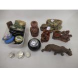 Four items of soapstone, carved wooden figure of a leopard and miscellaneous trinket boxes