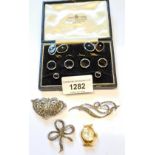 Cased black onyx white metal and split pearl cufflink and stud set, together with two marcasite