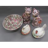 Pair of reproduction Imari figures of cats, pottery tureen in the form of a hen on a nest and