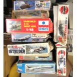 Box containing a collection of ten unmade model aircraft kits including Airfix, Heller etc.