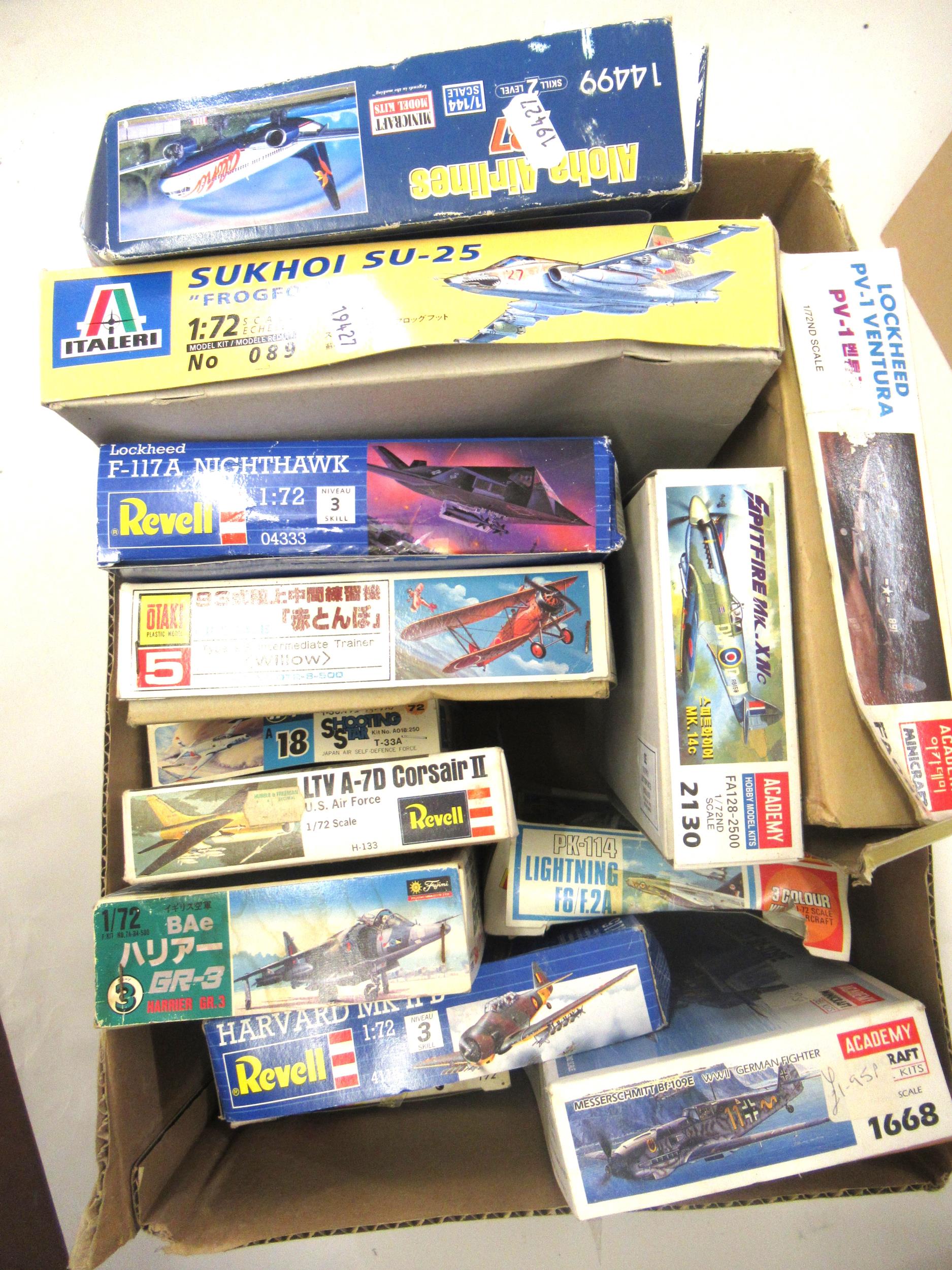 Box containing thirteen unmade model aircraft kits, including Frog, Airfix, Heller etc.