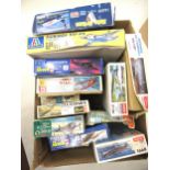 Box containing thirteen unmade model aircraft kits, including Frog, Airfix, Heller etc.