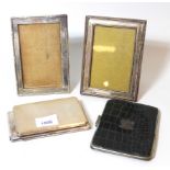 Rectangular Birmingham silver cigarette case, a plated cigarette case, a silver mounted wallet and