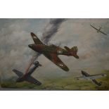 E.C Wilbraham, oil on canvas, World War II aerial battle scene, 20ins x 30ins