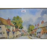 Douglas Baldwin, watercolour, rural street scene with figures (possibly Banstead High Street), 14ins