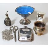 Birmingham silver small pedestal bowl, sterling silver mounted miniature dimple bottle, plated