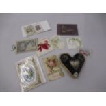 Victorian heart shaped pincushion 'Think of me', together with a collection of Valentine and other