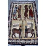 Indo Persian rug of four panel design depicting stylised animals and figures within a panel and
