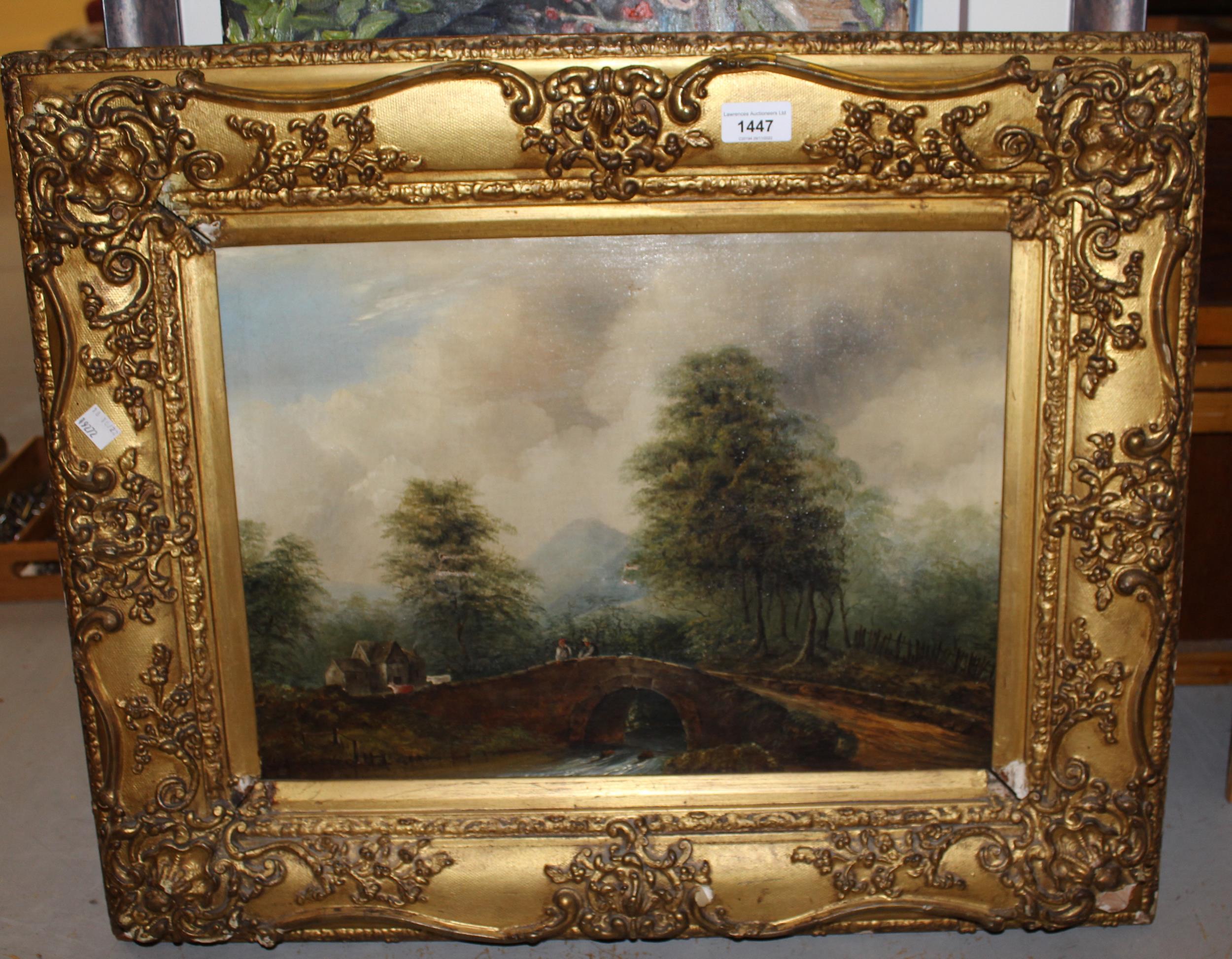 19th Century oil on canvas, landscape with figures on a bridge with distant mountains, unsigned, - Image 2 of 2