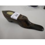 19th Century wooden snuff shoe with a bone inlaid hinged cover