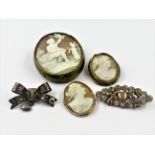 Three 19th Century carved shell cameo brooches together with two other 19th Century brooches