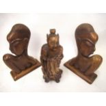 Chinese carved wooden figure of a sage and two carved wooden profile busts Condition as shown in