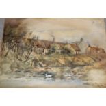 D. McLood, watercolour, river scene with cottages, 8.5ins x 12ins, gilt framed together with an