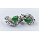 Pair of unmarked high carat white metal diamond and jade earrings of Art Deco design, 22mm drop, 8.