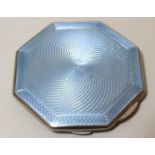Birmingham silver and pale blue translucent enamel octagonal compact, 76mm diameter