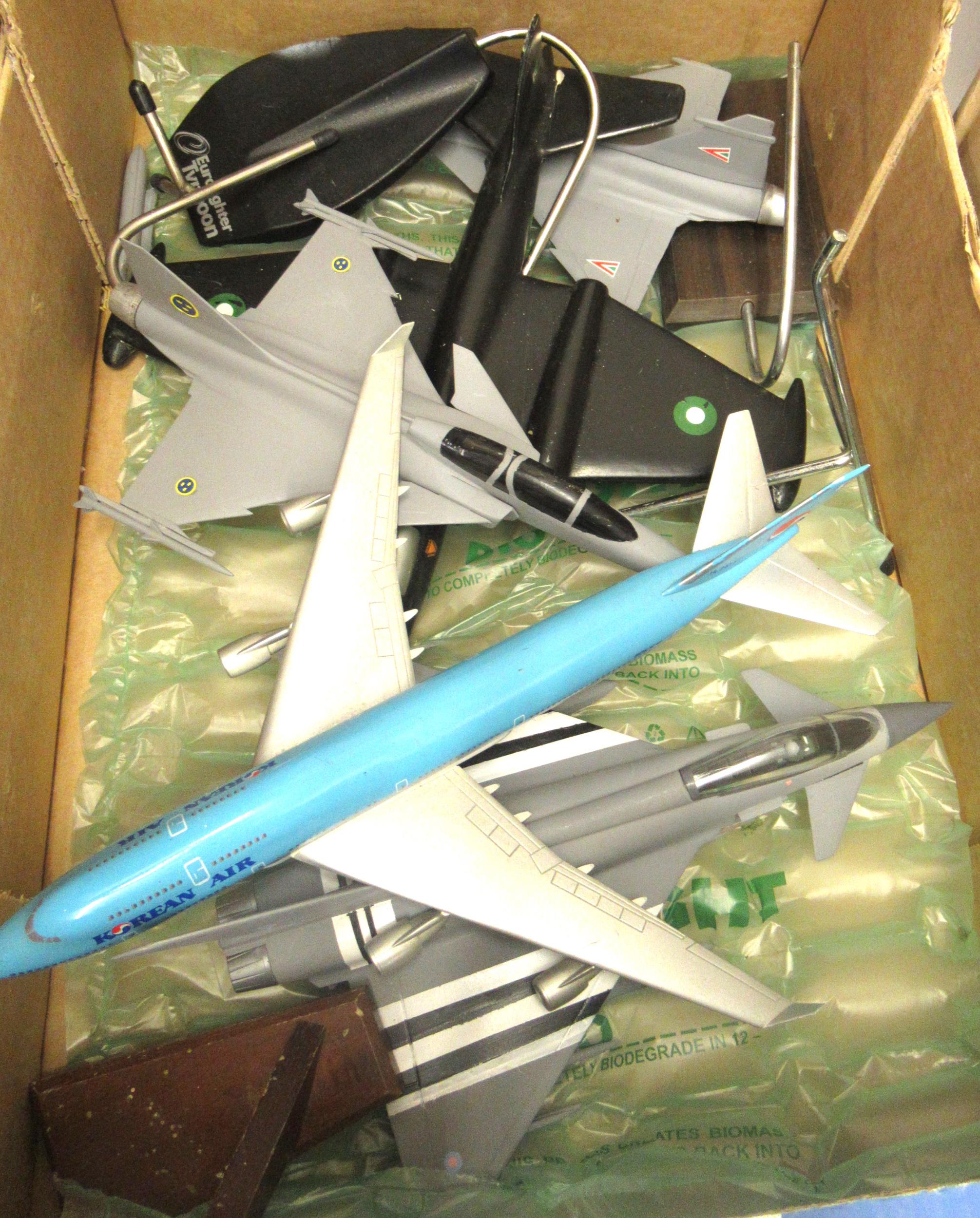 Box of resin model aircraft with stands 140 inch scale including Typhoon, 747, Grippen etc