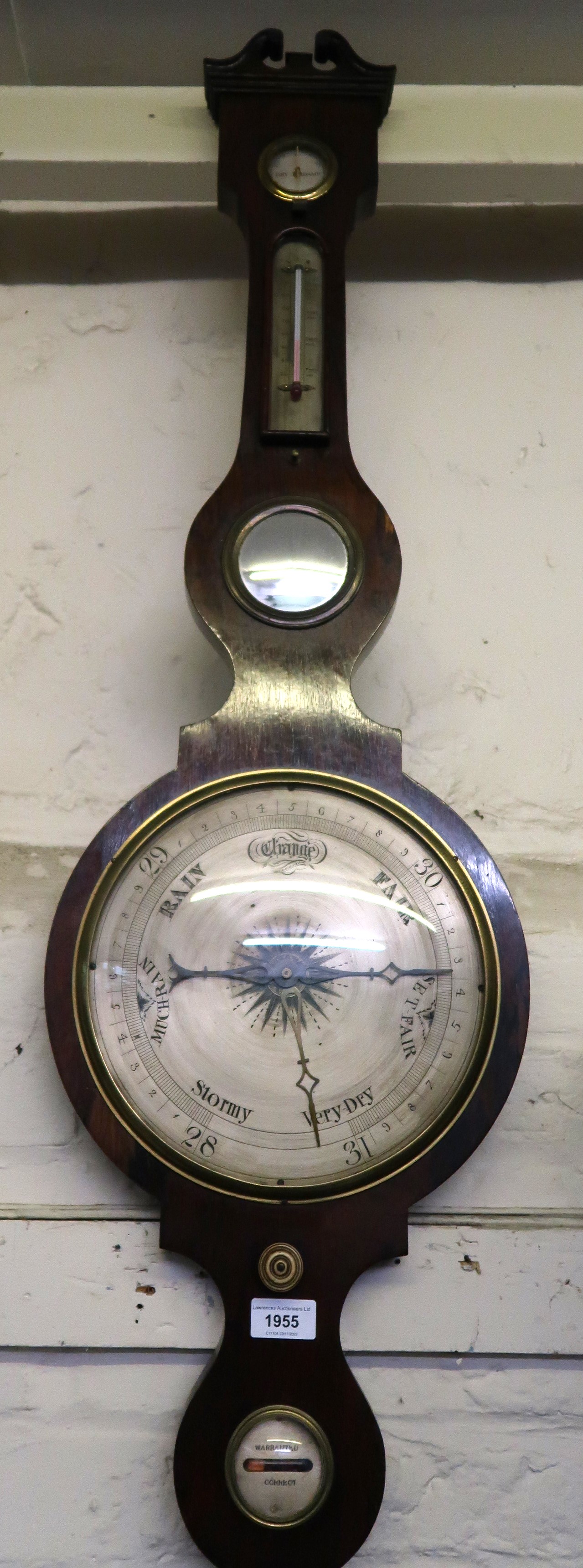 19th Century rosewood wheel barometer, with silvered dials Good overall condition Length = 42.5ins