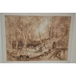 After J.M.W Turner, mezzotint landscape with huntsmen, 9.75ins x 13.75ins approximately, unframed