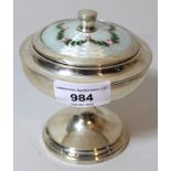 Birmingham silver and floral decorated translucent enamel pedestal powder bowl on stand, the lid