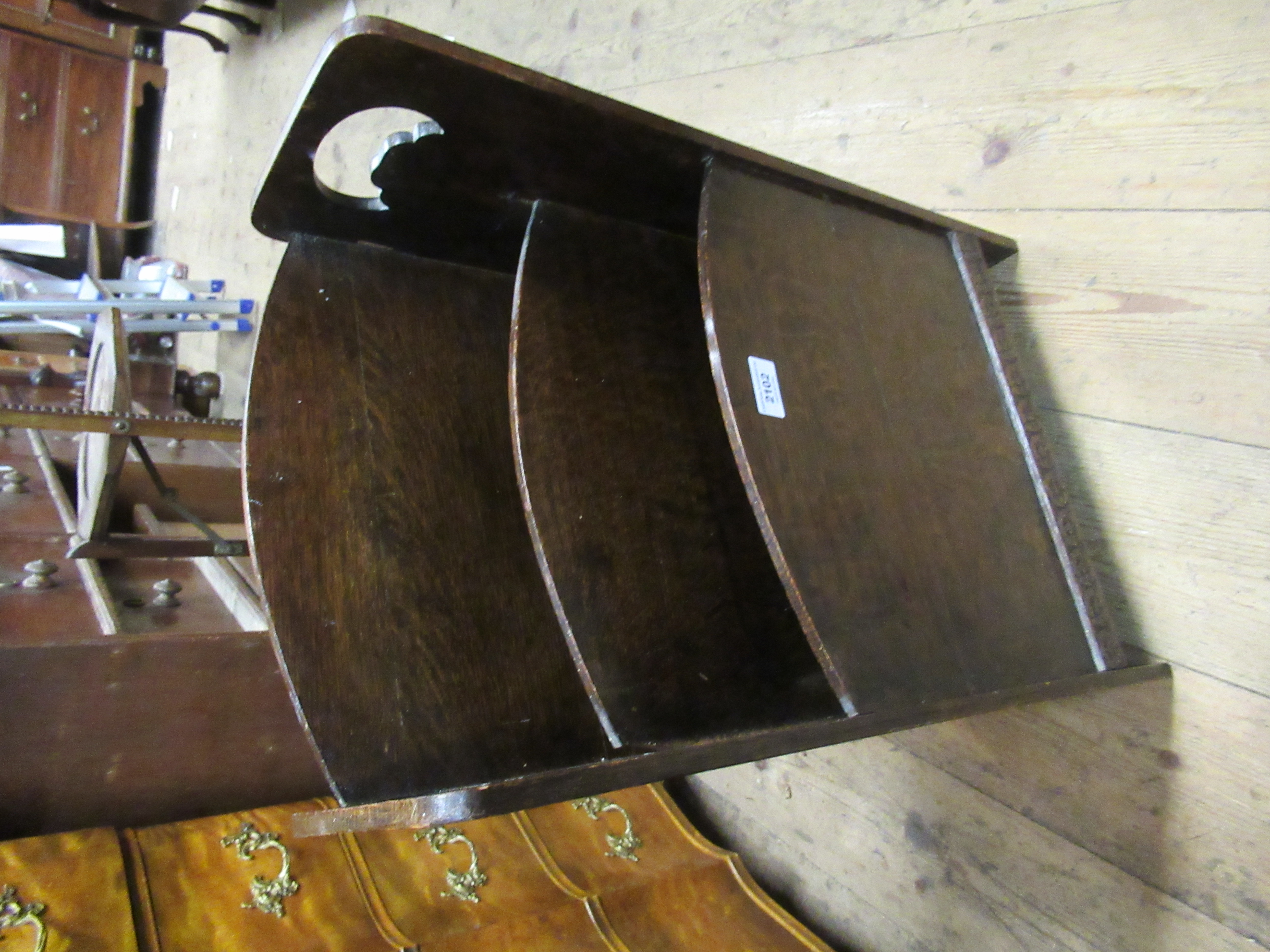 Oak magazine rack, together with a mahogany pedestal wine table