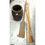 Wooden metal banded barrel, a paddle and two fishing rods