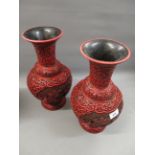 Pair of Chinese red cinnabar type baluster form vases, 14.5ins high