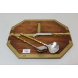 David Marshall, hardwood and brass mounted cheeseboard with knife and a pair of brass and steel