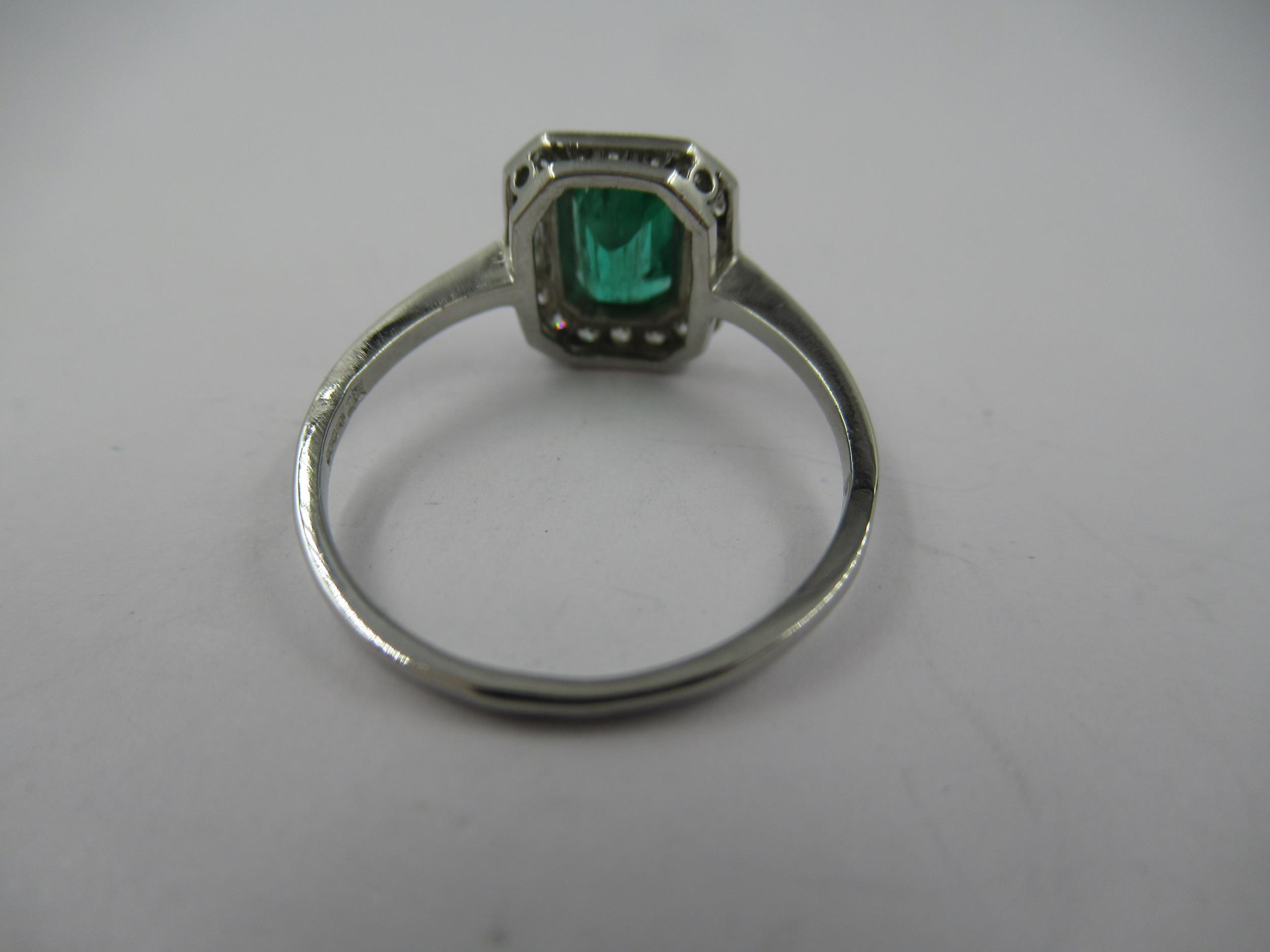 Platinum ring set with central octagonal emerald surrounded by diamonds, size N 2.9g Dimensions of - Image 3 of 5