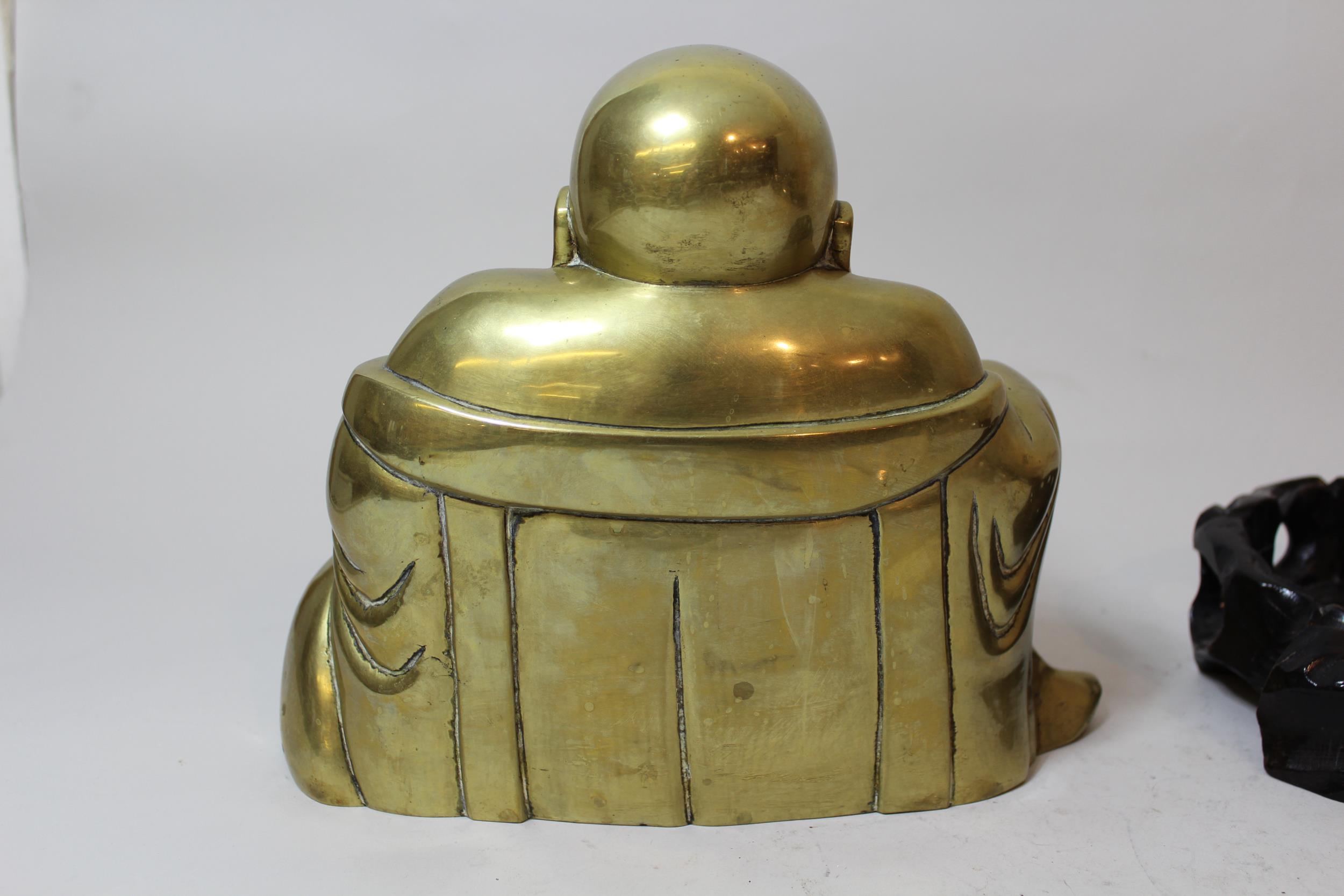 Late 19th / early 20th Century Chinese gilt bronze figure of seated buddha, on a carved hardwood - Image 3 of 5