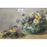 Early / mid 20th Century watercolour, still life of pansies in a green bowl, together with a