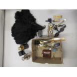 Pair of mother of pearl mounted opera glasses, ostrich feather fan, perfume atomiser in leather case