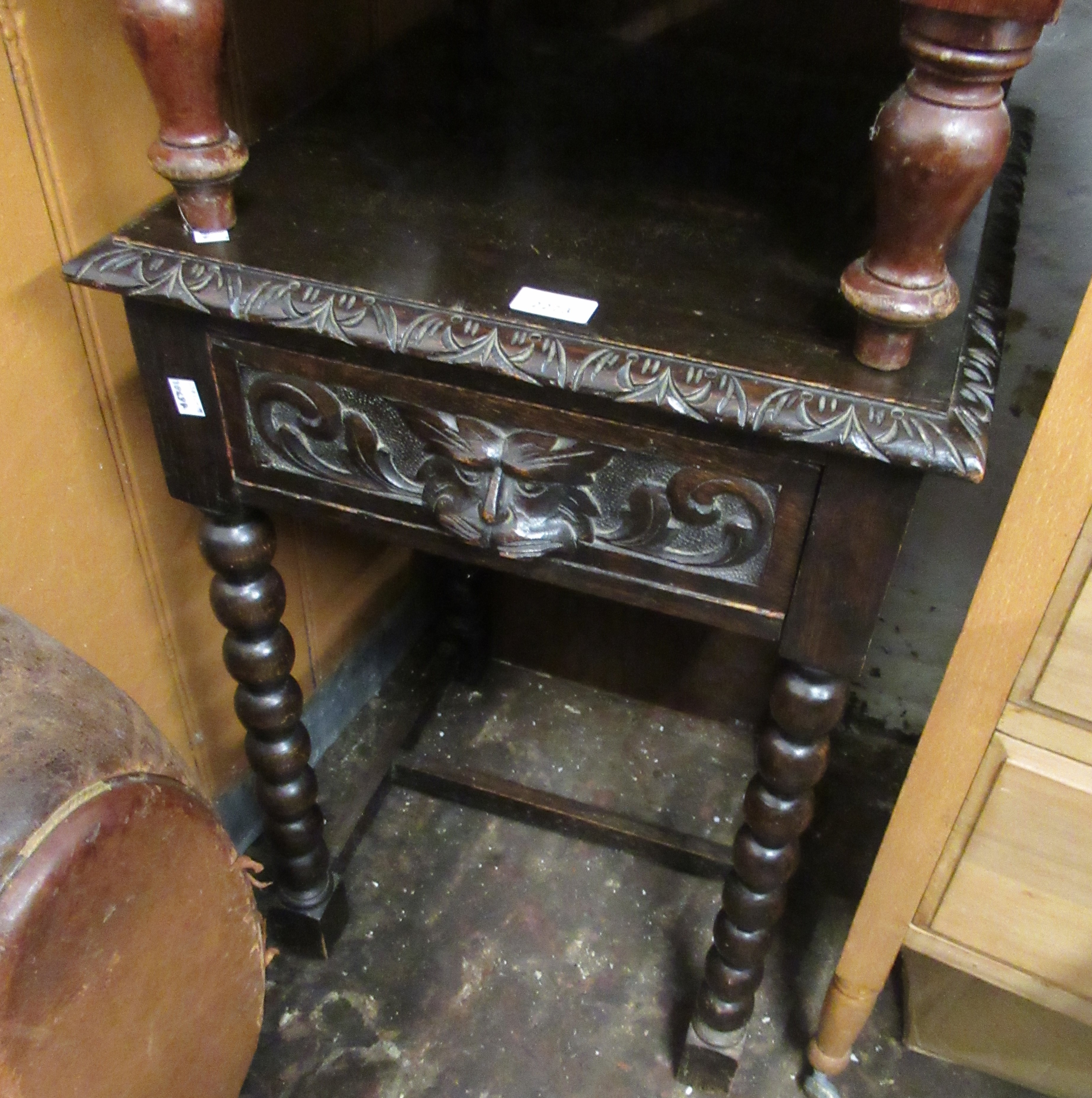 19th Century oak single drawer side table on bobbin turned supports, together with a similar