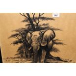 Two framed ink sketches, an African native ornament and study of an elephant