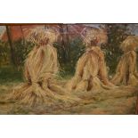 Early 20th Century oil on canvas, landscape with corn stooks, signed and inscribed verso, 13ins x