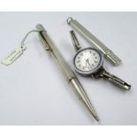 Two silver pencils, together with a ladies silver cased wristwatch with expanding bracelet