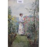 J.M Duke, watercolour titled ' Sweet Peas ', figure in a garden, signed and dated 1982, gilt framed,