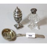 Victorian silver pedestal pepper, cut glass silver mounted perfume bottle (at fault) and a silver (