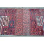 Turkish part piled and Kelim rug of two joined sections with an all-over hooked medallion and stripe