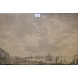 19th Century French engraving, view of port of Bordeaux, 21ins x 29ins, gilt framed