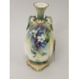 Royal Worcester J. Hadley monogram lobed baluster two handled vase, painted with blue, white and