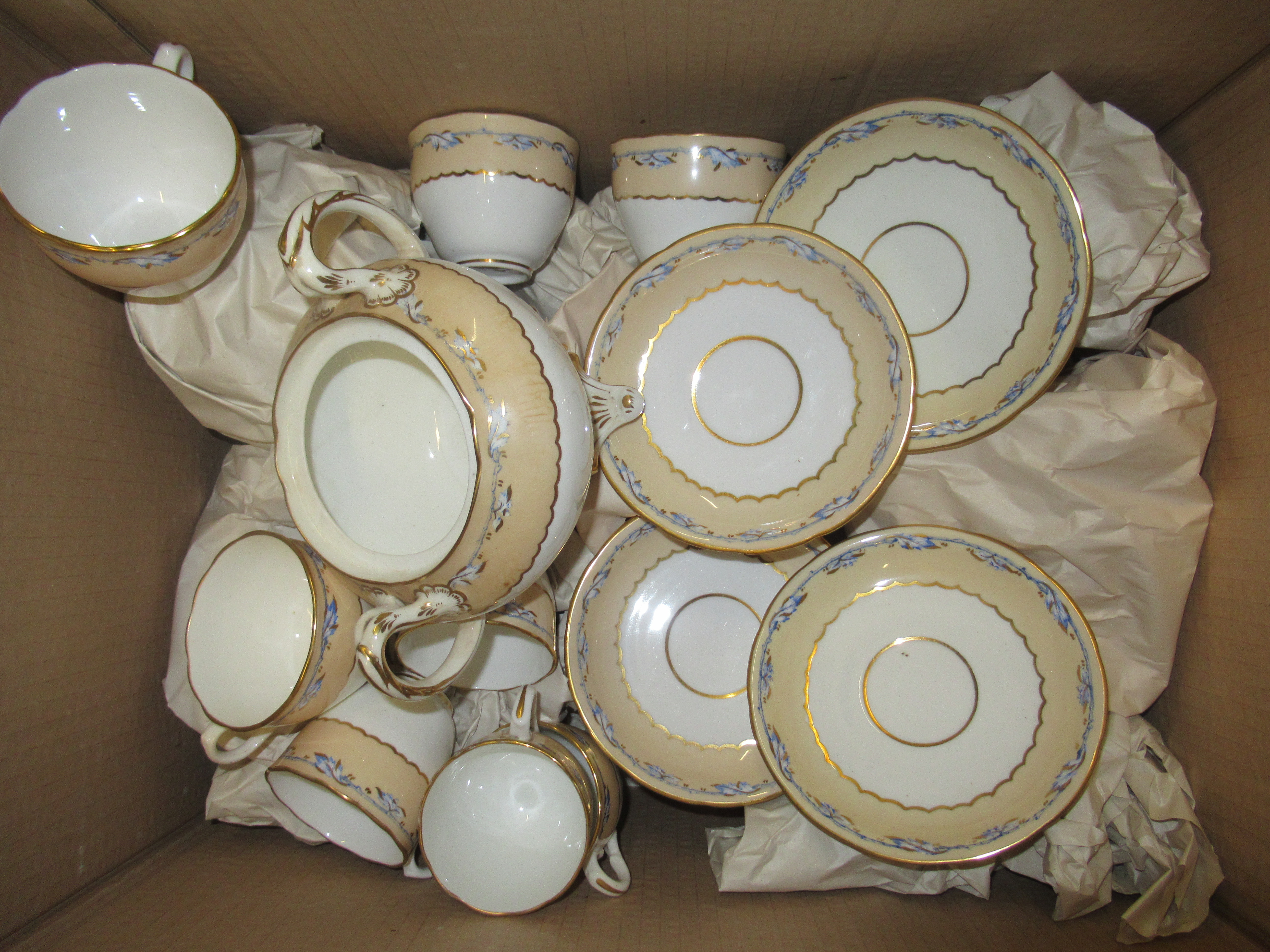 19th Century English part tea service decorated with a band of acorns and leaves, (some damages)