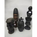 Group of African carved hardwood heads and figures