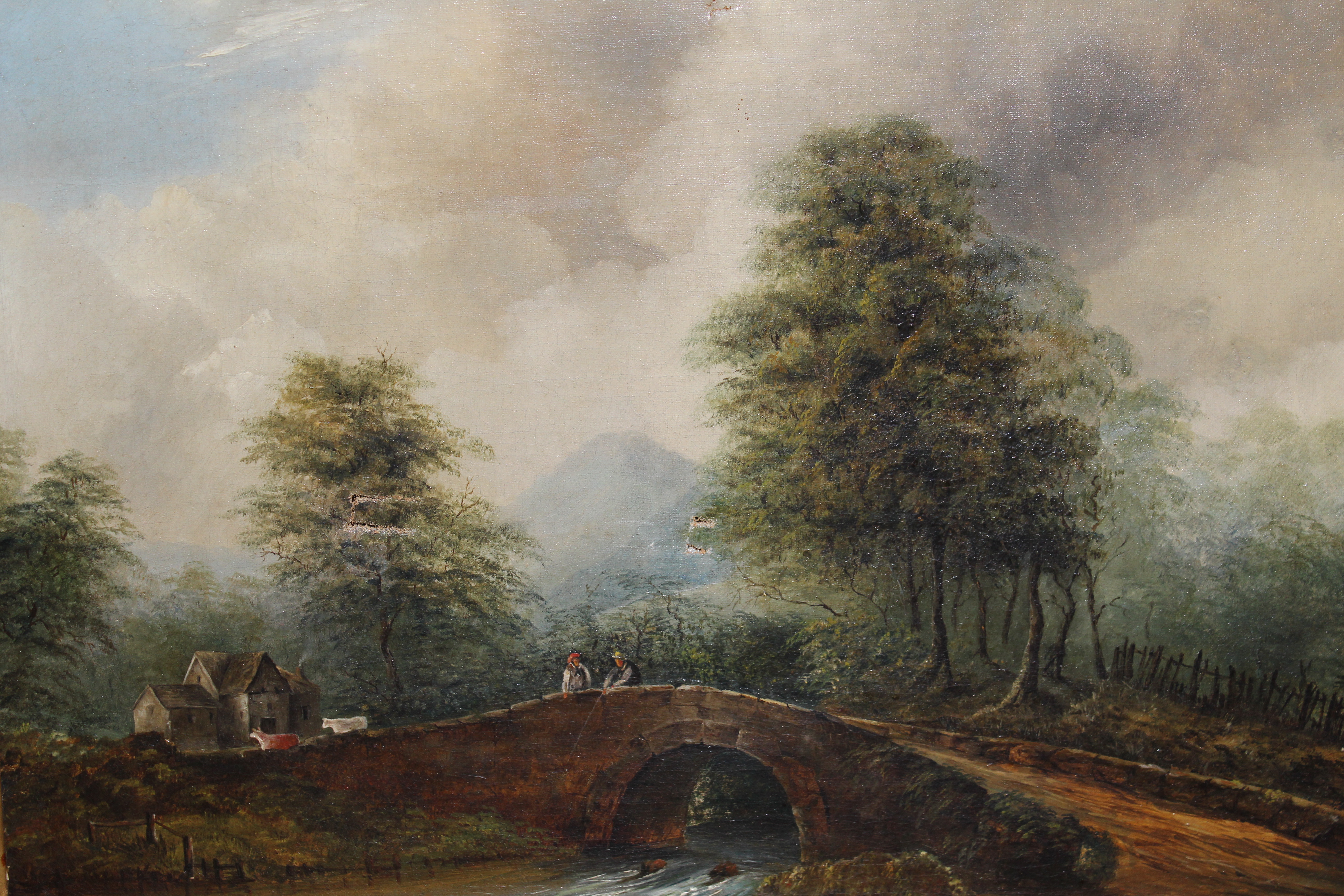 19th Century oil on canvas, landscape with figures on a bridge with distant mountains, unsigned,