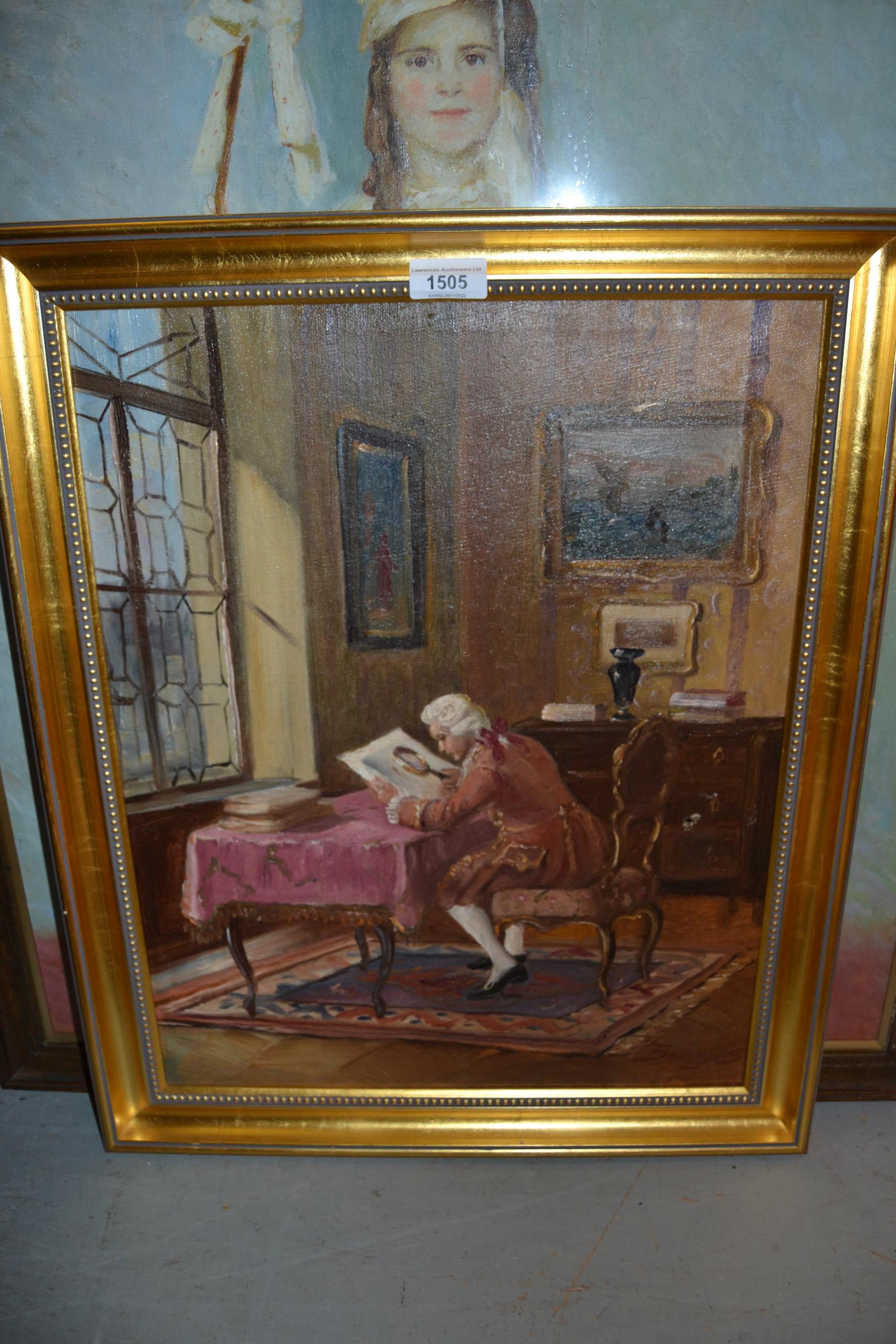 Hungarian School oil painting on canvas, interior scene with figure at a desk, signed Beroyis, - Image 2 of 2