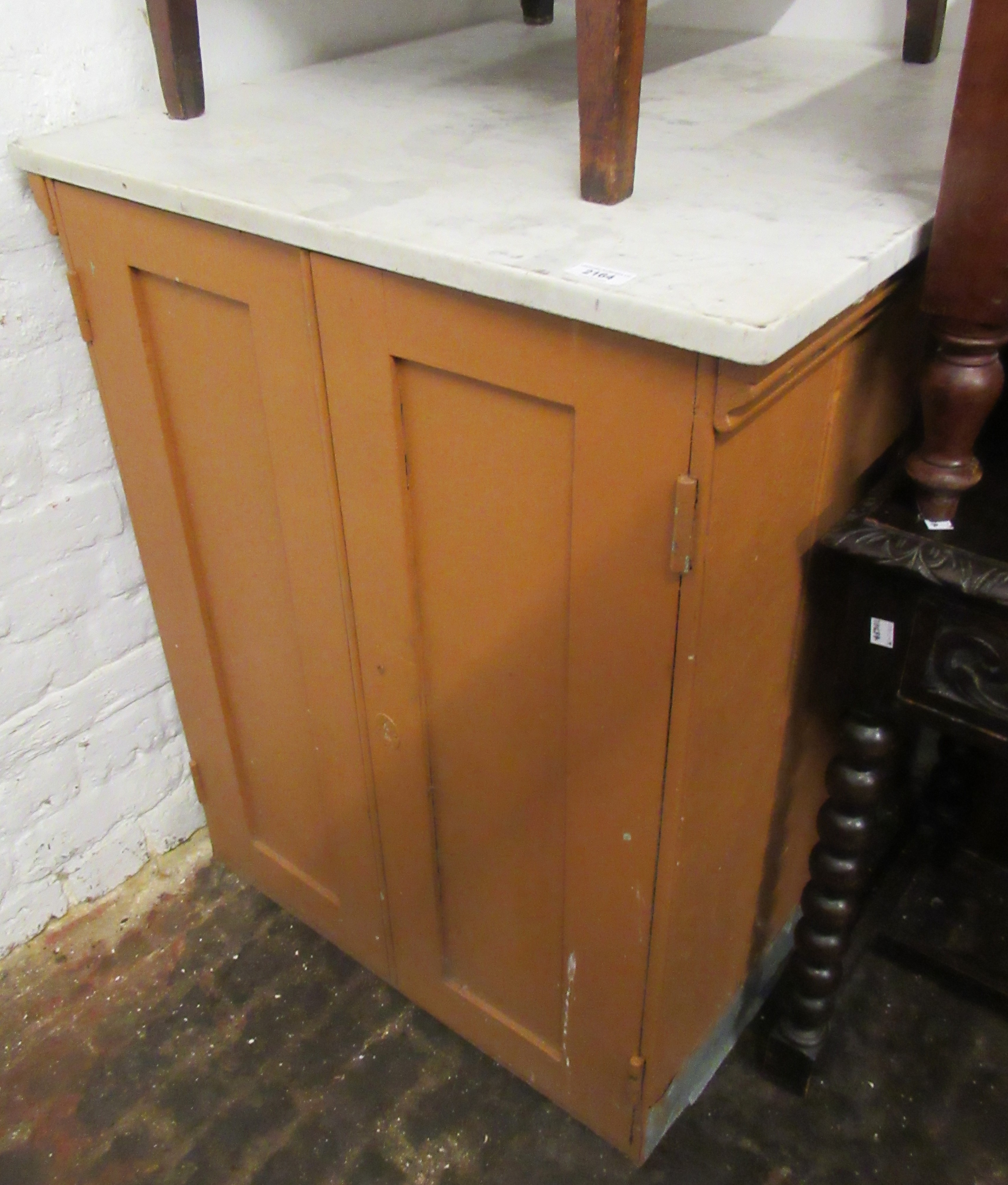 Square white marble topped counter with panelled doors, (made from reclaimed wood) 35ins high x