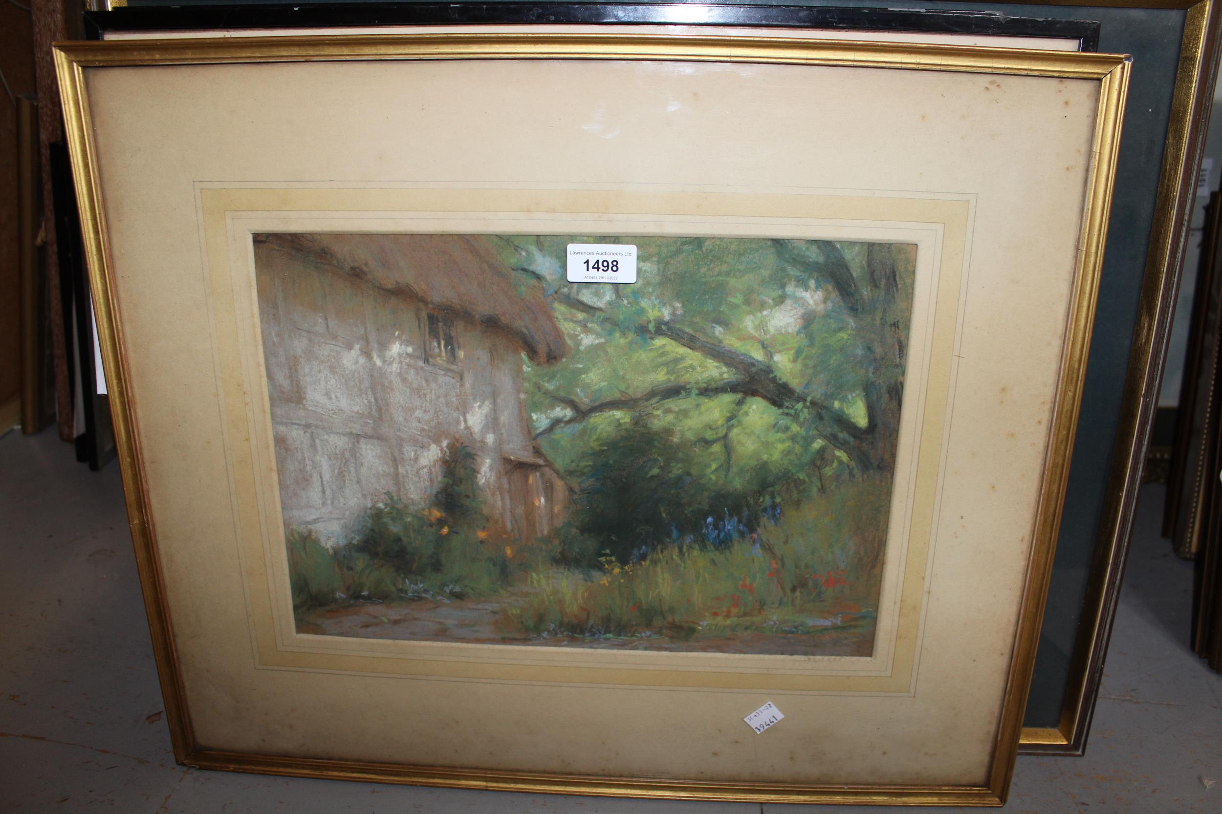 Felix E Andrews pastel, thatched cottage in a wooded landscape, signed, 10ins x 15ins, gilt framed - Image 2 of 2