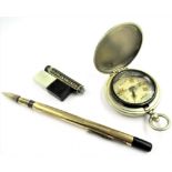 9ct Gold mounted ball point pen (at fault), together with a nickel plated compass