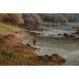 19th Century oil on canvas laid on board, river landscape with two boys fishing, 10ins x 20ins